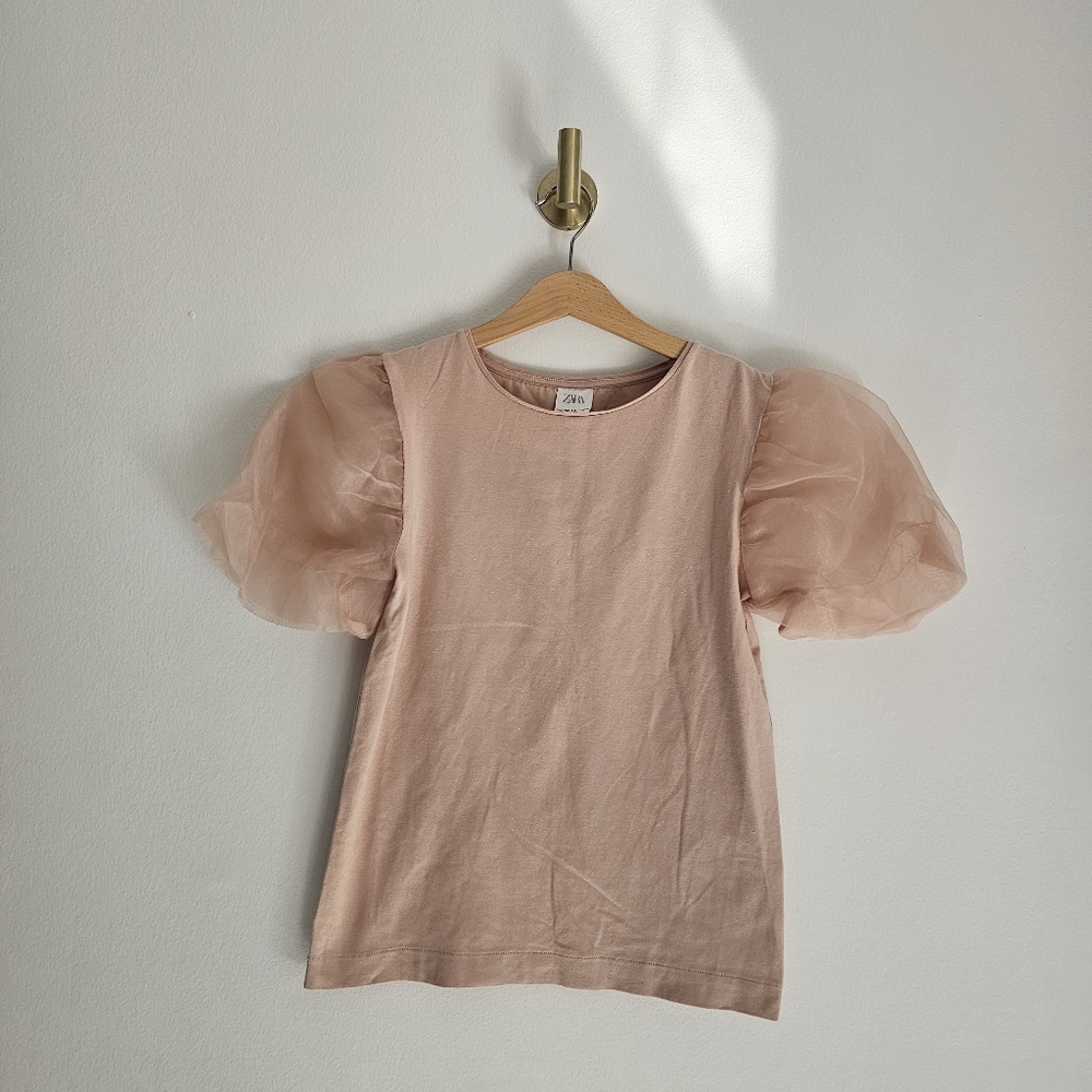 Zara Girls Blush Pink Puff Sleeve Top Size 13-14 Organza Sleeve Tee